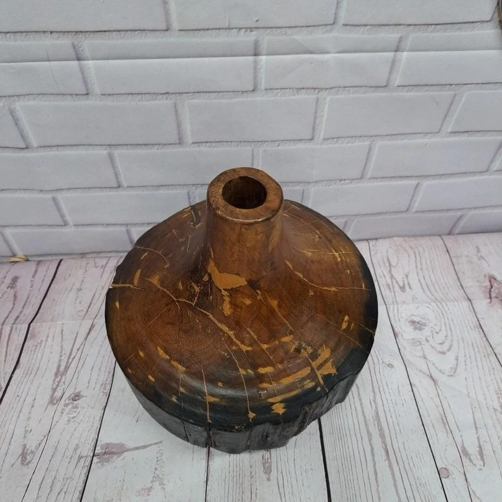 VTG Live Edge Sculptural Solid Wood Vessel Vase Weedpot Home Decor, 9in Tall